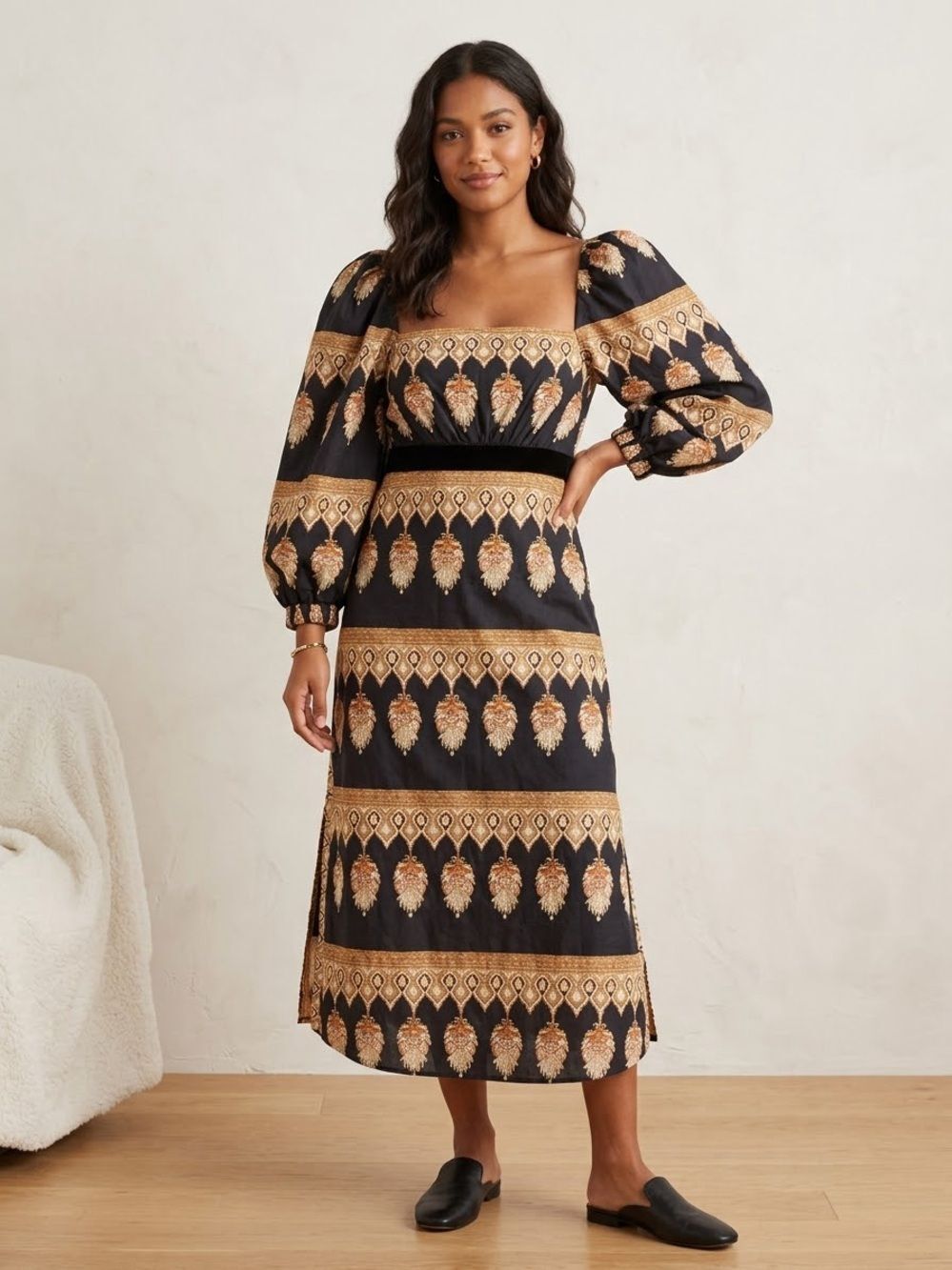 (R9)Johanna Ortiz Midi dress with black velvet ribbon with symbolic emblems,Sz 8